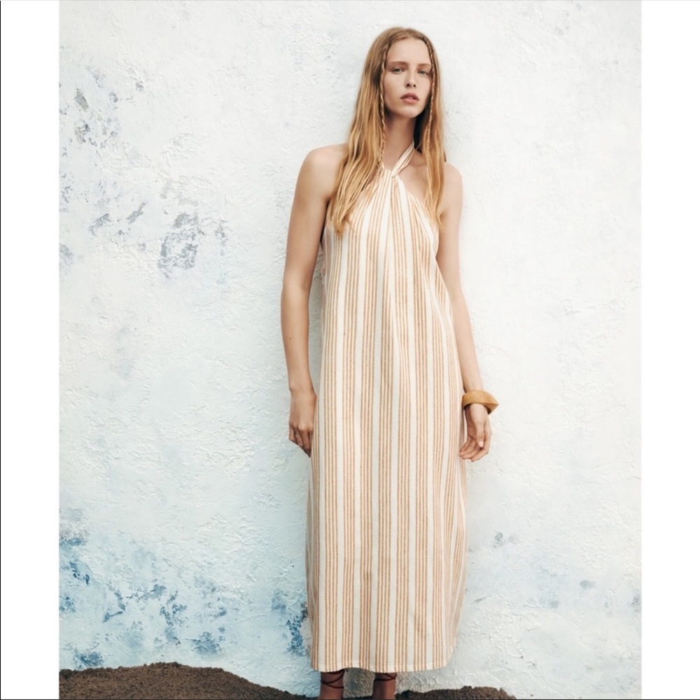 Zara Cream and Beige Striped Halter Maxi Dress